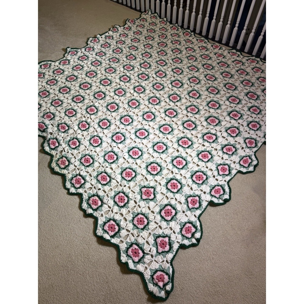 Vintage KING 91"x91" Granny Rose Square Crochet‎ Afghan Blanket Handmade Flower
